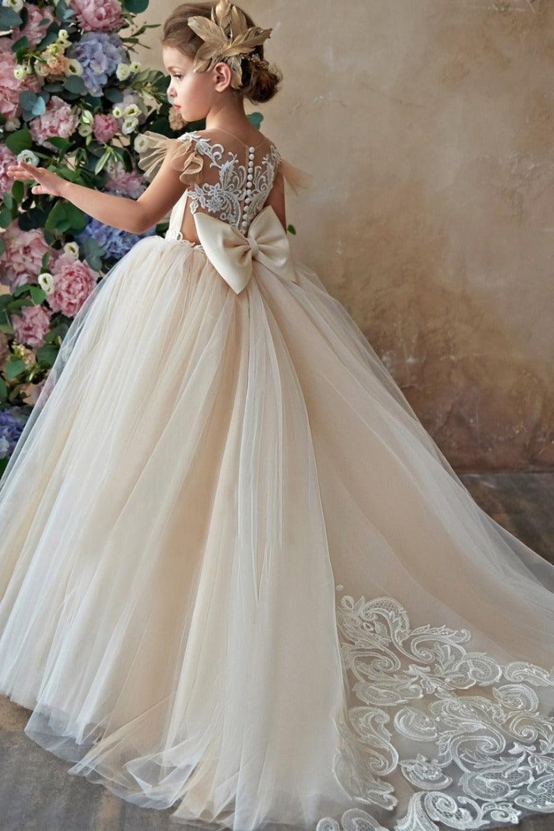 A-Line Illusion Lace Sweep-Brush Train Tulle Flower Girl Dresses 672076219063 - 7 Days / Champagne / 90cm - COCOMELODY